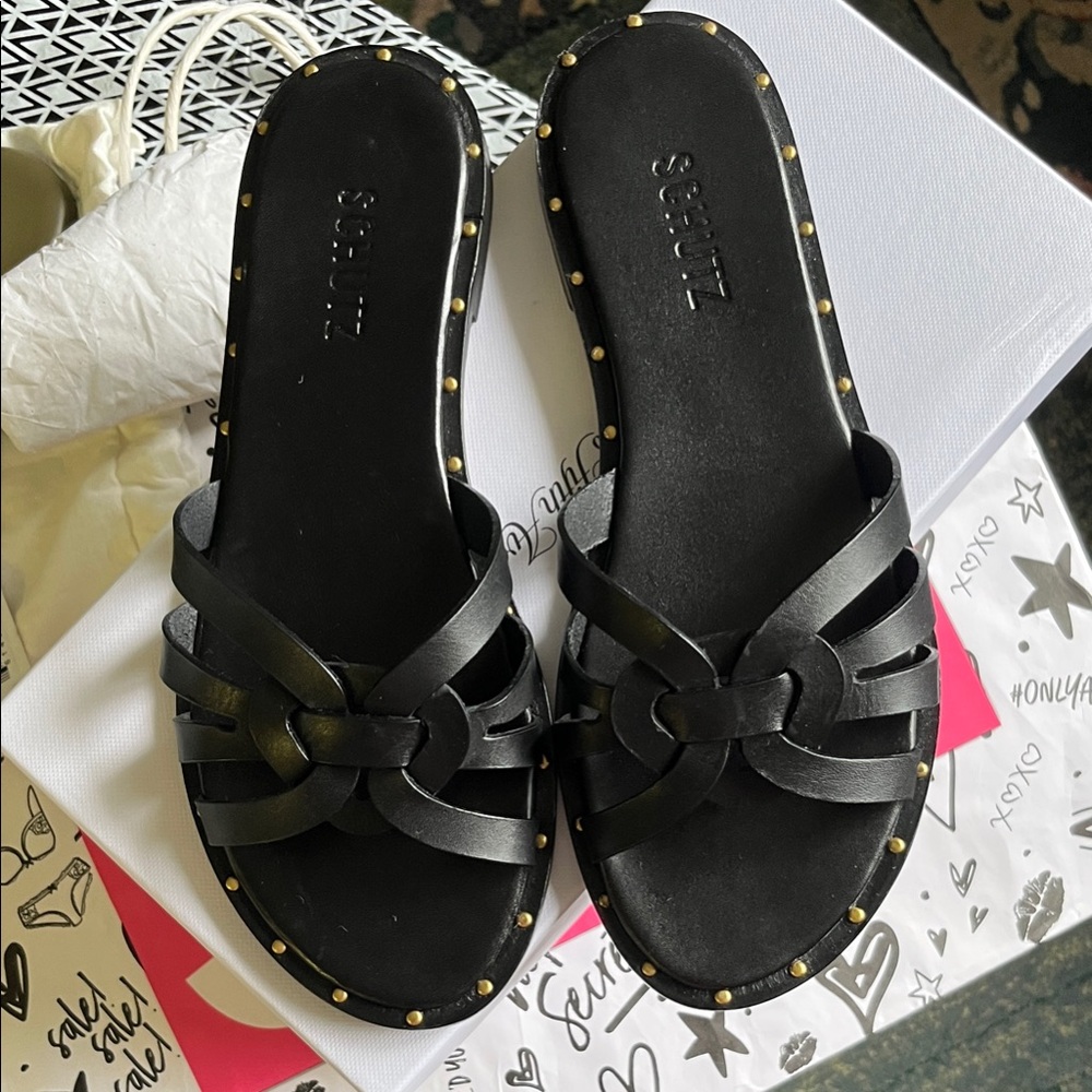 SCHUTZ BlackSlide Sandals Size 7 & 1/2 Gold Toned Embellishment